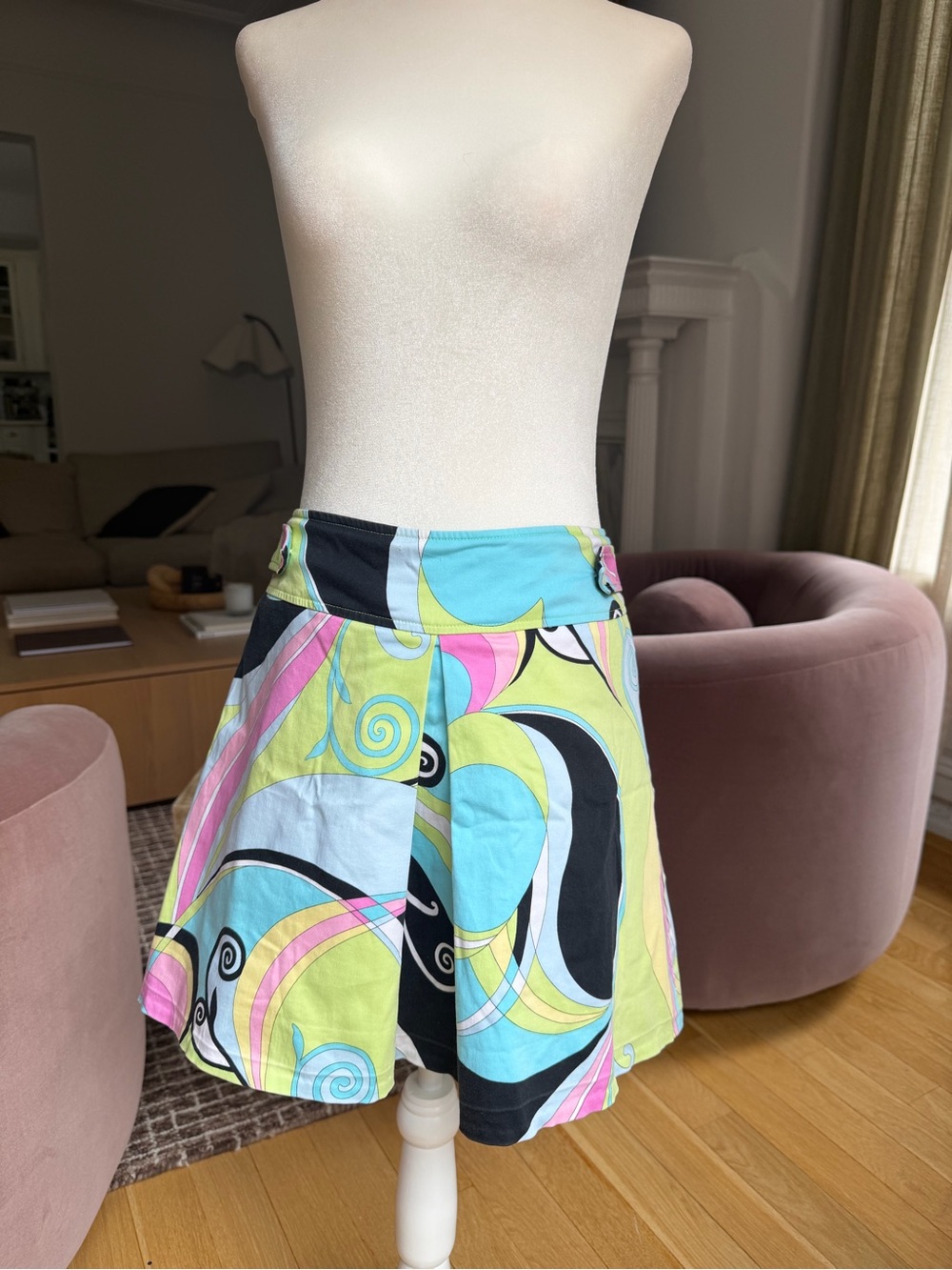 Willi Smith Multicolor Swirl Mini Skirt — Blue, Pink, Lime, Black